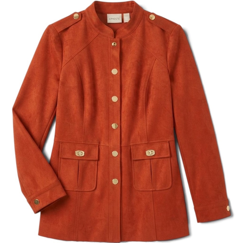 Chico's Jacket Womens 1 Faux Suede Utility Burnt Orange Gold Buttons EUC